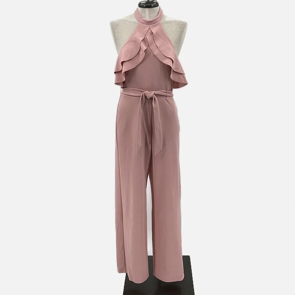Avec Les Filles Halter Neck Backless Ruffled Jumpsuit in Dusty Pink - Size 2 - Picture 2 of 8